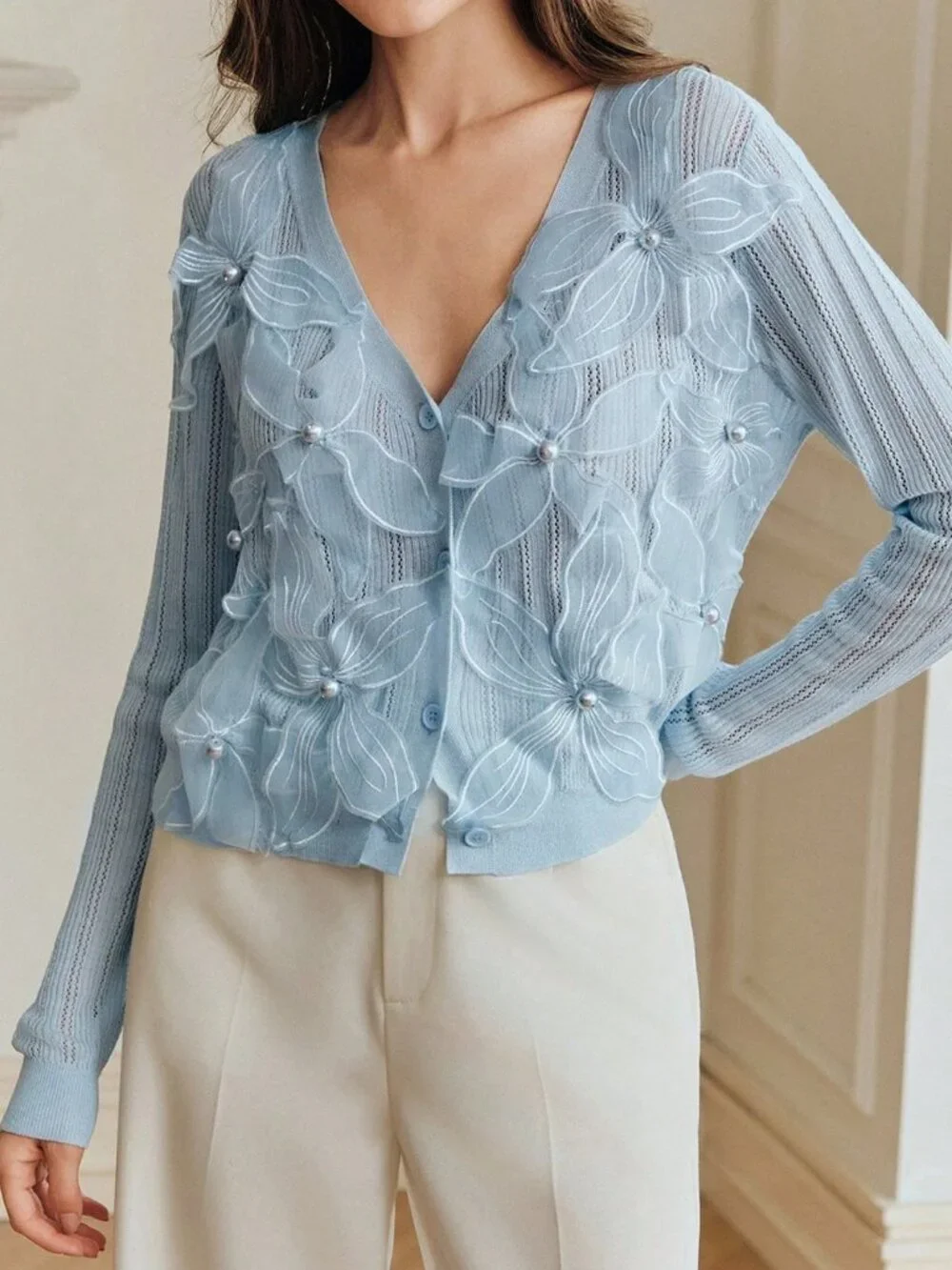 Baby Blue Casual Women's Elegant Baby Openwork Cardigan